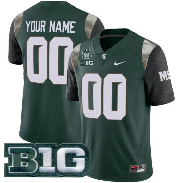 Custom Michigan State Spartans Football Green Alternate Game Jersey w/ 100th Spartan Stadium Patch - All Stitched