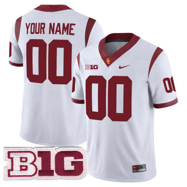 Custom USC Trojans Football White Game Jersey w/ B1G Patch - All Stitched