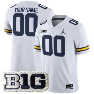 Custom Michigan Wolverines Football White Game Jersey w/ B1G Patch - All Stitched