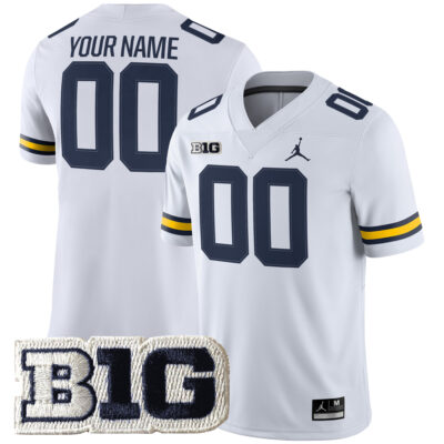 Custom Michigan Wolverines Football White Game Jersey w/ B1G Patch - All Stitched