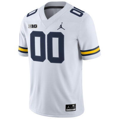 Alternative view of Custom Michigan Wolverines Football White Game Jersey w/ B1G Patch - All Stitched