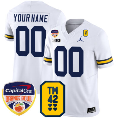 Custom Michigan Wolverines Football Orange Bowl w/ TM42 Patch White Jersey - All Stitched