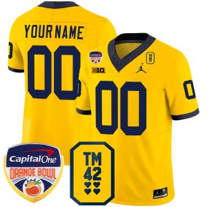 Custom Michigan Wolverines Football Orange Bowl w/ TM42 Patch Maize Jersey - All Stitched