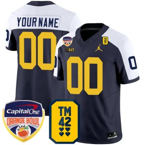 Custom Michigan Wolverines Football Orange Bowl w/ TM42 Patch Navy Alternate Jersey - All Stitched