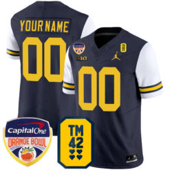 Custom Michigan Wolverines Football Orange Bowl w/ TM42 Patch Alternate Navy Jersey - All Stitched