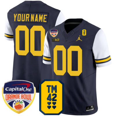 Custom Michigan Wolverines Football Orange Bowl w/ TM42 Patch Alternate Navy Jersey - All Stitched