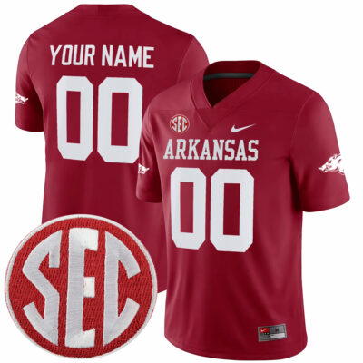 Custom Arkansas Razorbacks Football Cardinal Game Jersey w/ SEC Patch - All Stitched