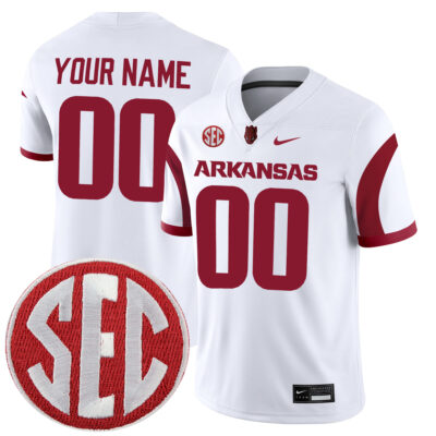 Custom Arkansas Razorbacks Football White Alternate Jersey w/ SEC Patch - All Stitched