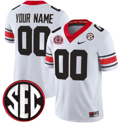 Custom Georgia Bulldogs Football White 40th NC Anniversary Jersey w/ SEC Patch - All Stitched