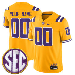 Custom LSU Tigers Football Gold Alternate Game Jersey w/ SEC Patch - All Stitched