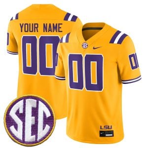 Custom LSU Tigers Football Gold Alternate Game Jersey w/ SEC Patch - All Stitched
