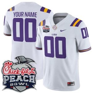 Custom LSU Tigers Football Peach Bowl White Game Jersey - All Stitched