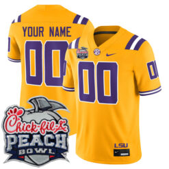 Custom LSU Tigers Football Peach Bowl Gold Alternate Game Jersey - All Stitched