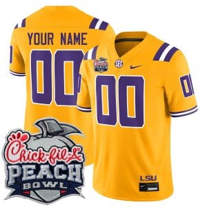 Custom LSU Tigers Football Peach Bowl Gold Alternate Game Jersey - All Stitched