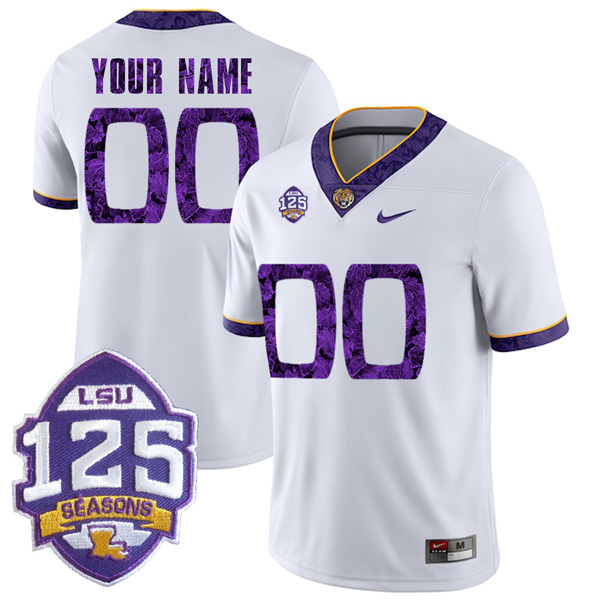 Custom LSU Tigers Football 2018 Silent Season White Jersey w/ 125th Season Patch - All Stitched