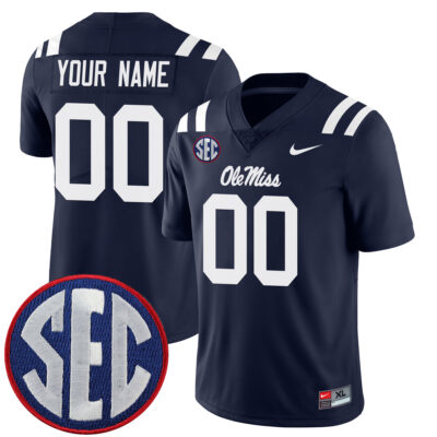 Custom Ole Miss Rebels Football Navy Blue Home Limited Jersey w/ SEC Patch - All Stitched