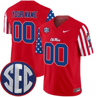 Custom Ole Miss Rebels Football American Style Red Jersey w/ SEC Patch - All Stitched