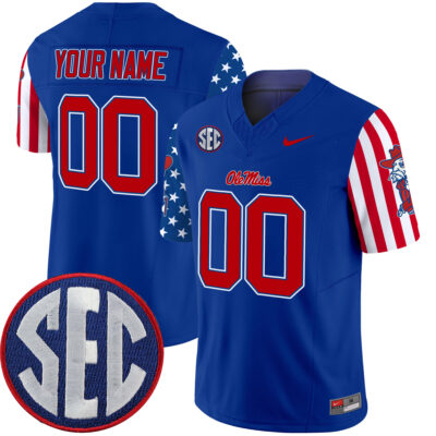 Custom Ole Miss Rebels Football American Style Royal Blue Jersey w/ SEC Patch - All Stitched