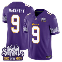 J.J. McCarthy Minnesota Vikings King Of The North Purple Throwback Jersey - All Stitched