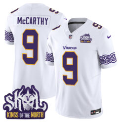 J.J. McCarthy Minnesota Vikings King Of The North White Throwback Jersey - All Stitched