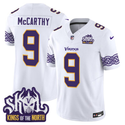 J.J. McCarthy Minnesota Vikings King Of The North White Throwback Jersey - All Stitched