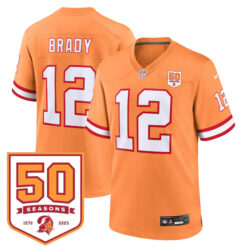 Tom Brady Tampa Bay Buccaneers 50th Season Orange Throwback Game Jersey - All Stitched