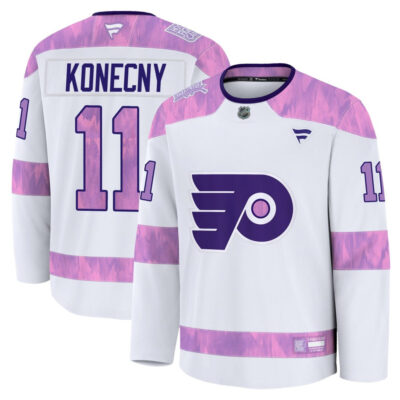 Travis Konecny Philadelphia Flyers White Purple 2024 Hockey Fights Cancer Premium Jersey - All Stitched
