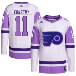 Travis Konecny Philadelphia Flyers White Purple 2024 Hockey Fights Cancer Primegreen Jersey - All Stitched