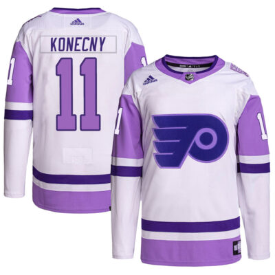Travis Konecny Philadelphia Flyers White Purple 2024 Hockey Fights Cancer Primegreen Jersey - All Stitched