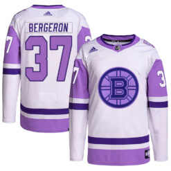 Patrice Bergeron Boston Bruins White Purple Hockey Fights Cancer Jersey - All Stitched