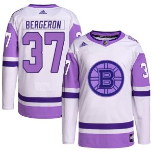 Patrice Bergeron Boston Bruins White Purple Hockey Fights Cancer Jersey - All Stitched
