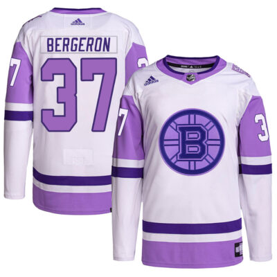 Patrice Bergeron Boston Bruins White Purple Hockey Fights Cancer Jersey - All Stitched