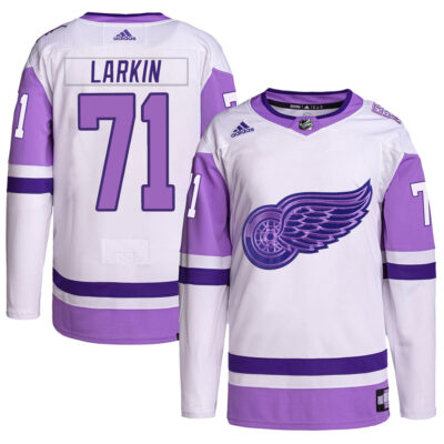 Dylan Larkin Detroit Red Wings White Purple Hockey Fights Cancer Primegreen Jersey - All Stitched