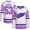 Moritz Seider Detroit Red Wings White Purple Hockey Fights Cancer Primegreen Jersey - All Stitched