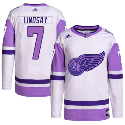 Ted Lindsay Detroit Red Wings White Purple Hockey Fights Cancer Primegreen Jersey - All Stitched