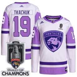 Matthew Tkachuk Florida Panthers 2025 Stanley Cup Championship White Purple Hockey Fights Cancer Primegreen Jersey - All Stitched