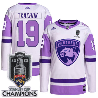 Matthew Tkachuk Florida Panthers 2025 Stanley Cup Championship White Purple Hockey Fights Cancer Primegreen Jersey - All Stitched