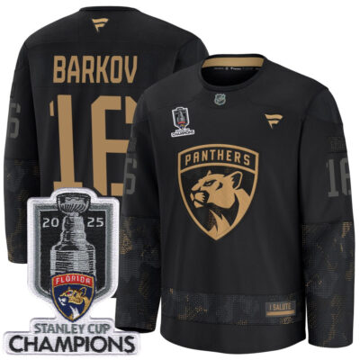 Aleksander Barkov Florida Panthers Back To Back Championship Black 2024 Military Appreciation Jersey - All Stitched