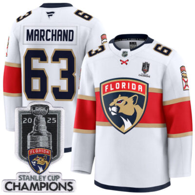 Brad Marchand Florida Panthers 2025 Stanley Cup Championship White Away Premium Jersey - All Stitched