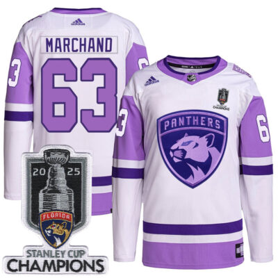 Brad Marchand Florida Panthers 2025 Stanley Cup Championship White Purple Hockey Fights Cancer Jersey - All Stitched