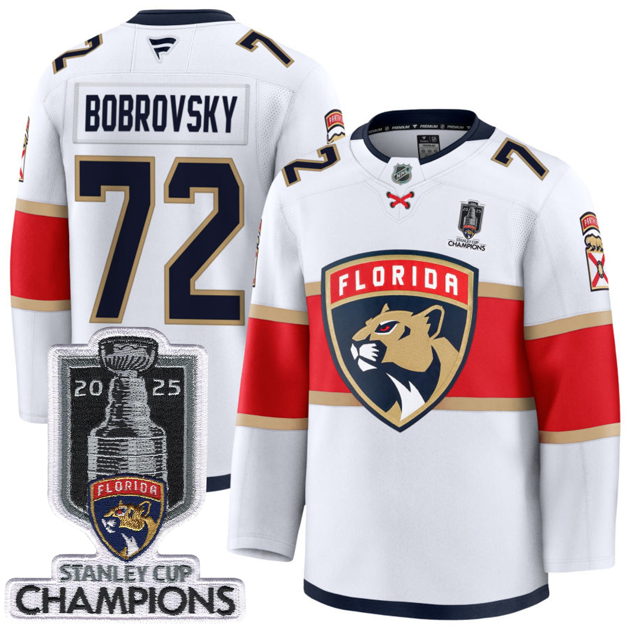 Sergei Bobrovksy Florida Panthers 2025 Stanley Cup Championship White Away Premium Jersey - All Stitched