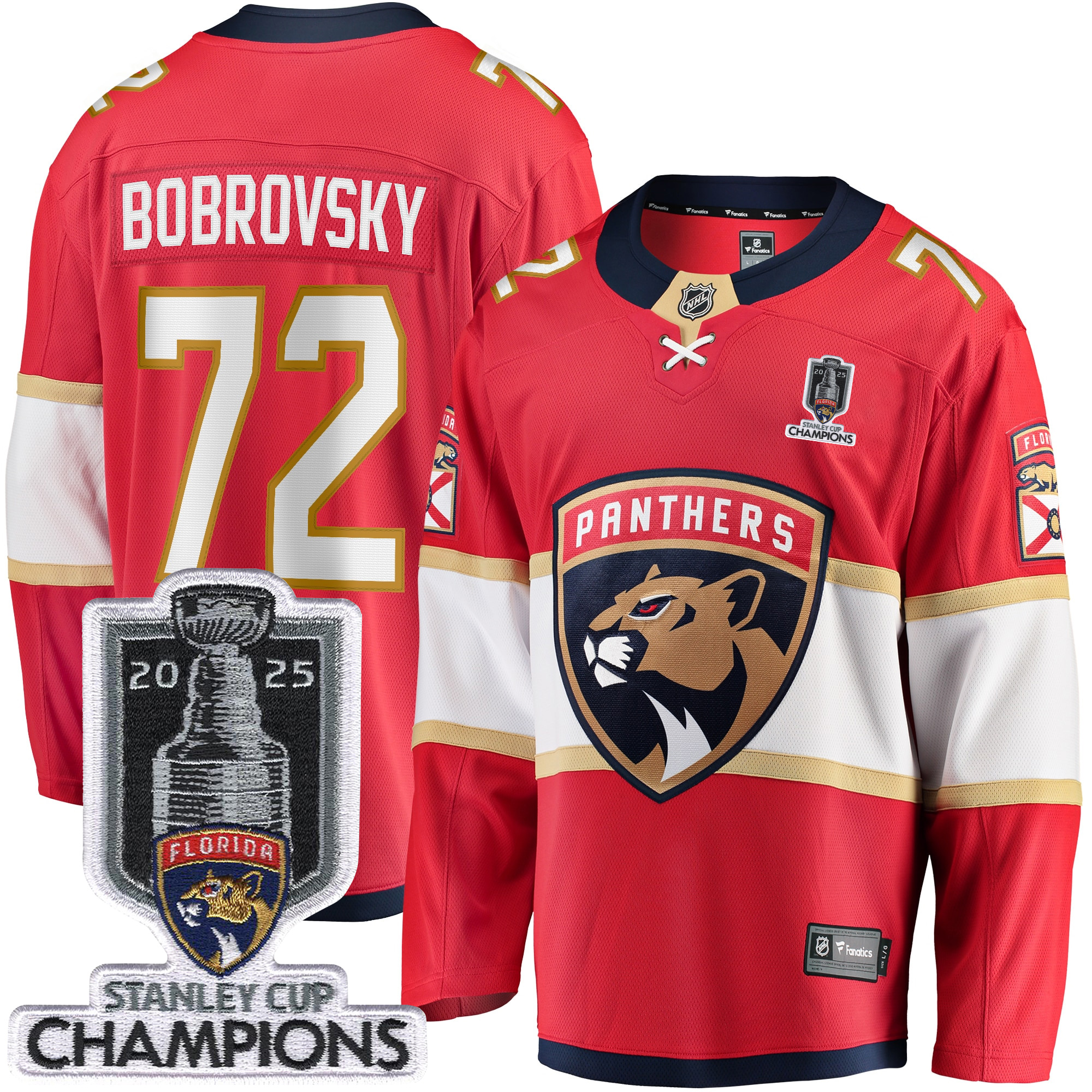 Sergei Bobrovksy Florida Panthers 2025 Stanley Cup Championship Red Home Jersey - All Stitched