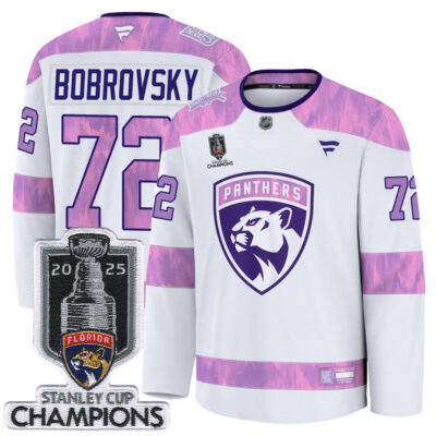 Sergei Bobrovksy Florida Panthers 2025 Stanley Cup Championship White Purple Hockey Fights Cancer Premium Jersey - All Stitched