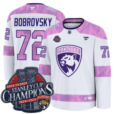 Sergei Bobrovksy Florida Panthers Back To Back Championship White Purple Hockey Fights Cancer Premium Jersey - All Stitched