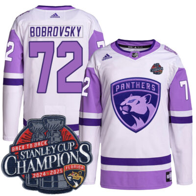Sergei Bobrovksy Florida Panthers Back To Back Championship White Purple Hockey Fights Cancer Primegreen Jersey - All Stitched