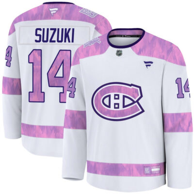 Nick Suzuki Montreal Canadiens White Purple Hockey Fights Cancer Jersey - All Stitched