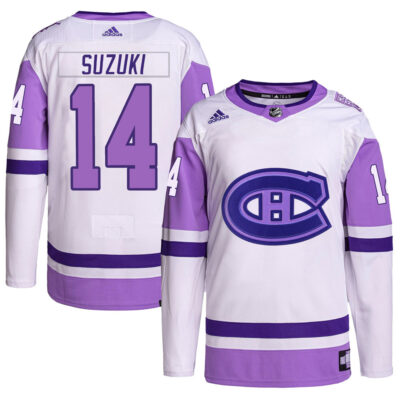Nick Suzuki Montreal Canadiens White Purple Hockey Fights Cancer Primegreen Jersey - All Stitched