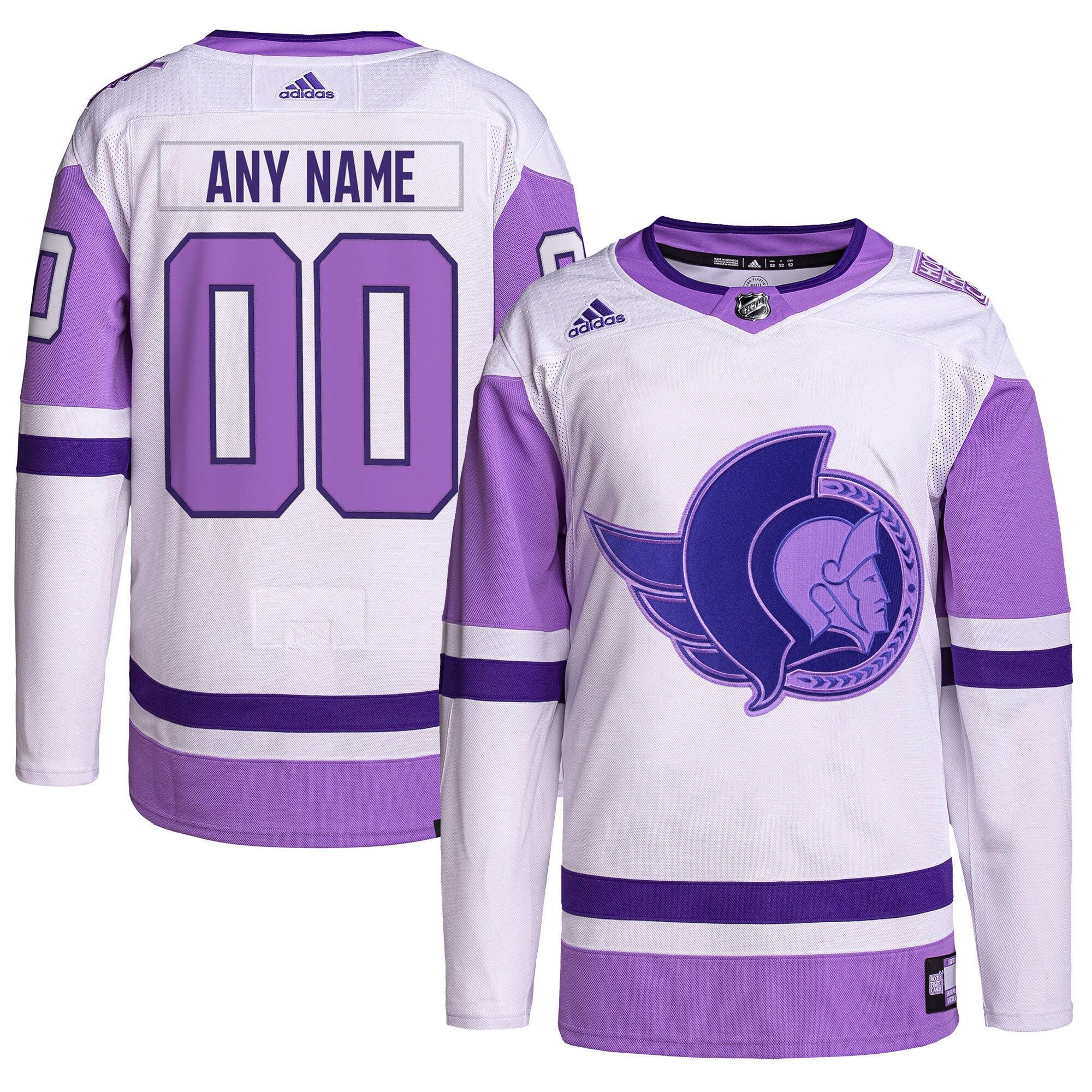 Custom Ottawa Senators White Purple Hockey Fights Cancer Primegreen Jersey - All Stitched