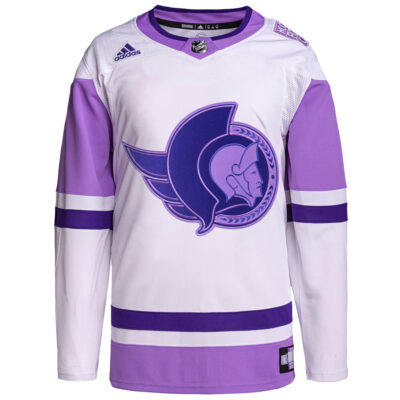 Alternative view of Custom Ottawa Senators White Purple Hockey Fights Cancer Primegreen Jersey - All Stitched