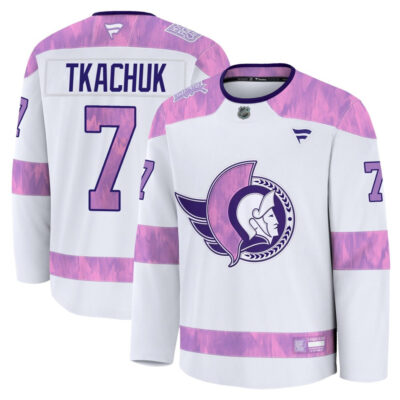Brady Tkachuk Ottawa Senators White Purple Hockey Fights Cancer Jersey - All Stitched
